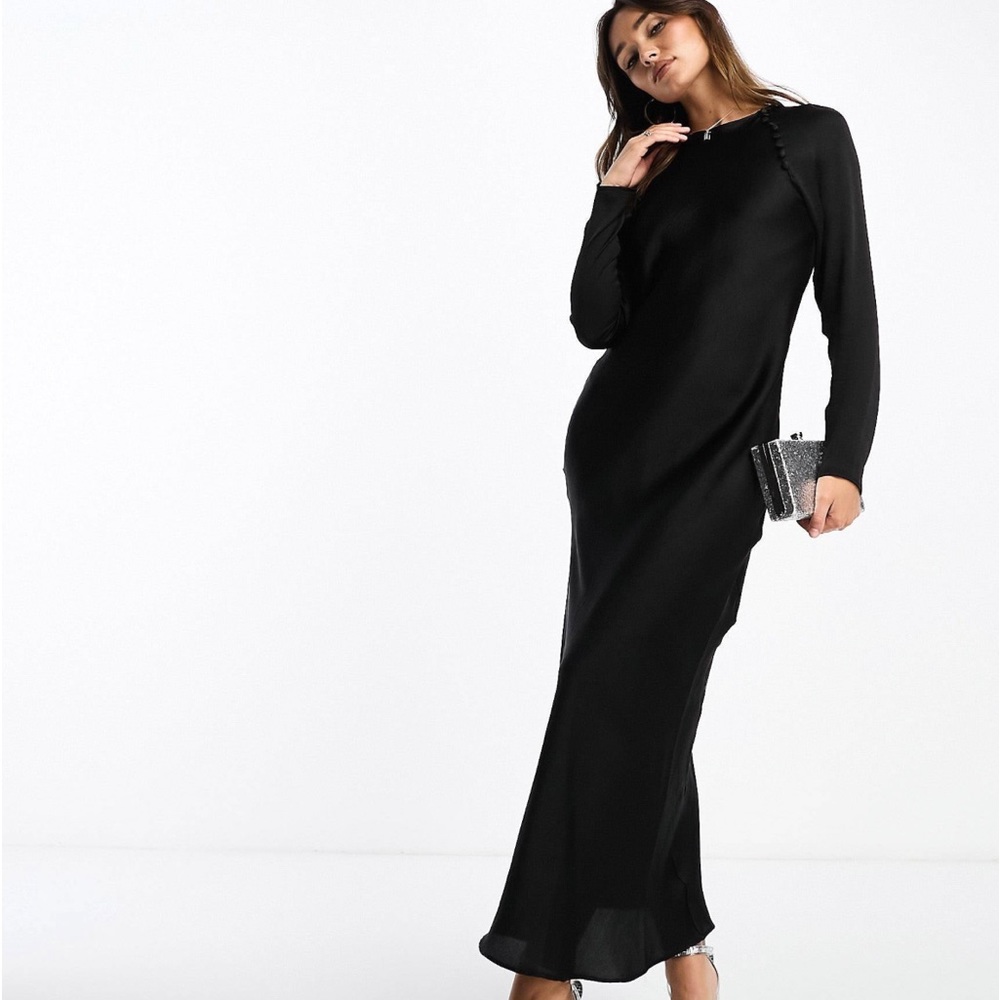 ASOS DESIGN satin bias cut maxi dress with button detail in black